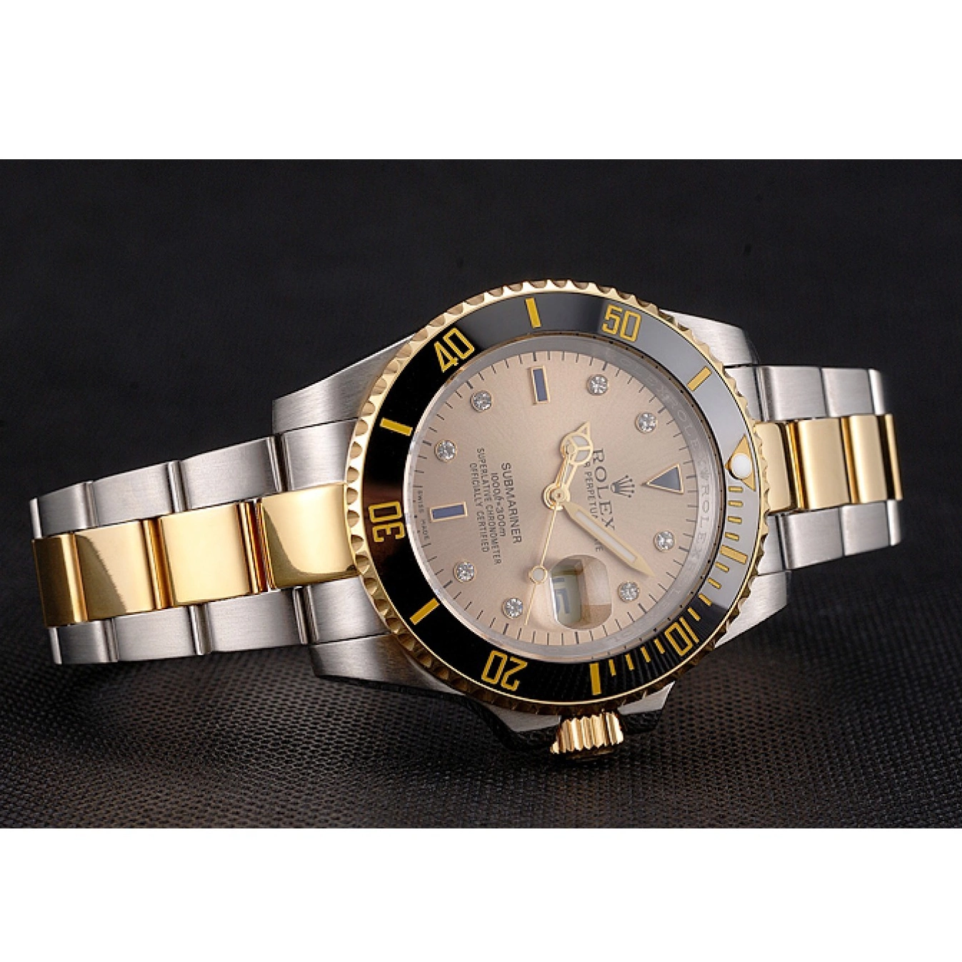 AAA replica watch Markings Gold Black Dial Tone Gold Two Submariner Diamond Bezel Swiss Steel Rolex Bracelet 0818